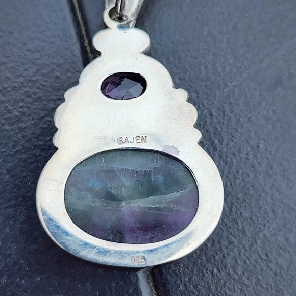 Sterling silver Sajen drop pendant amethyst fluorite cabachon jade green jewelry - Picture 6 of 6